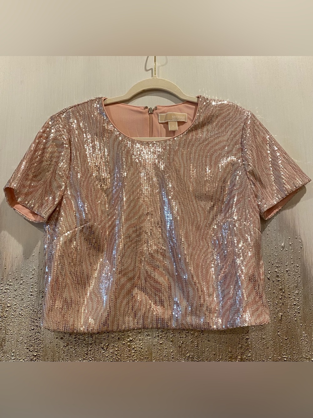 Michael Kors Sparkling Sequins Over Pink Zebra Print Sequin Crop Top - Size M
